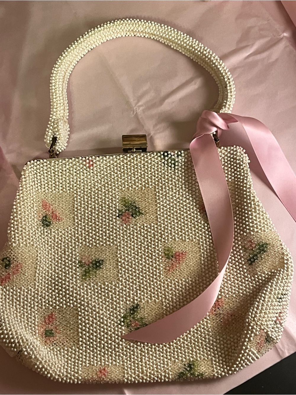 Vintage Lumured Beaded  floral pattern Cream Clutch  1950s. 59% off dropped